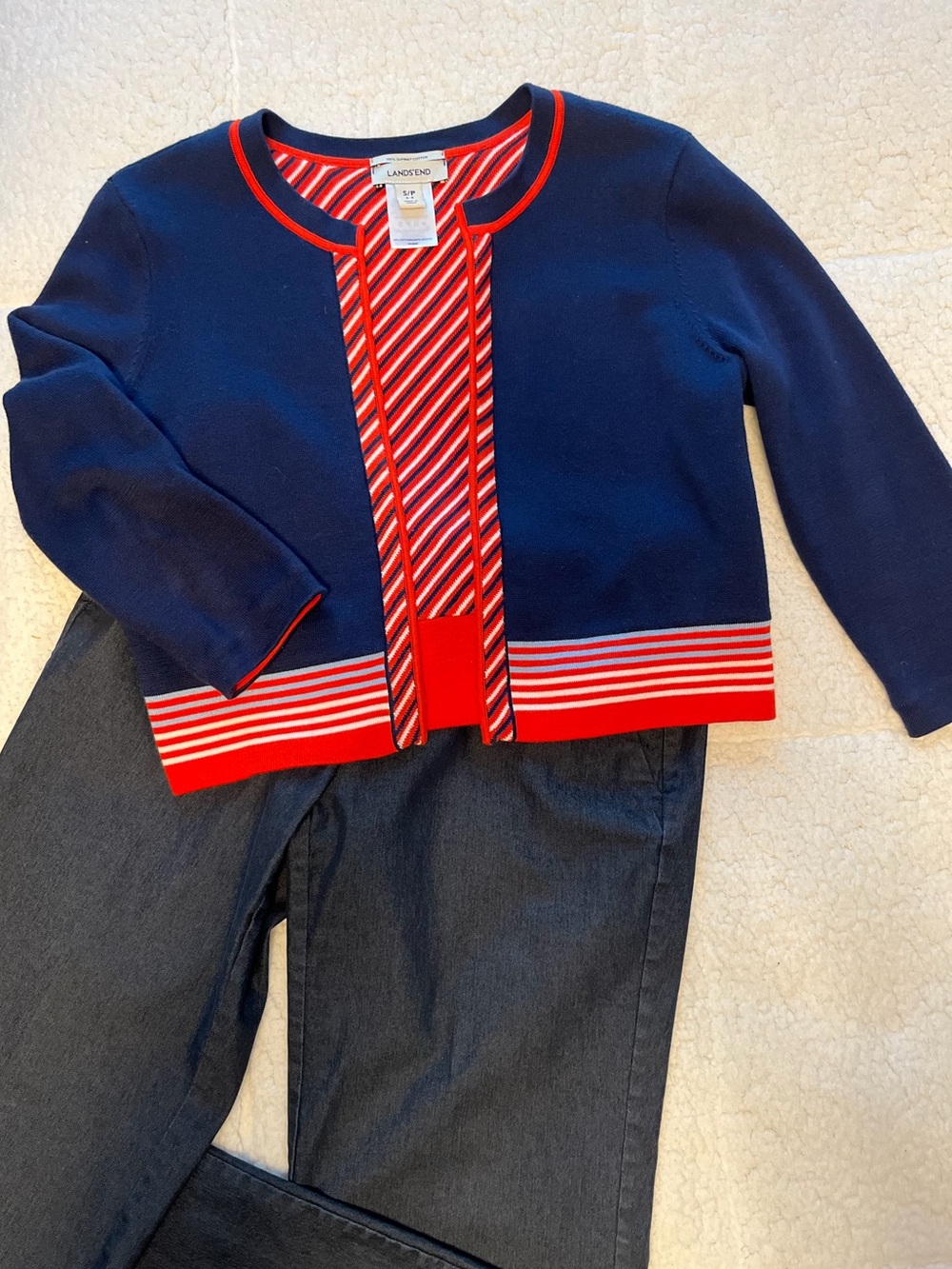 Lands' End Navy Cardigan with Red Trim